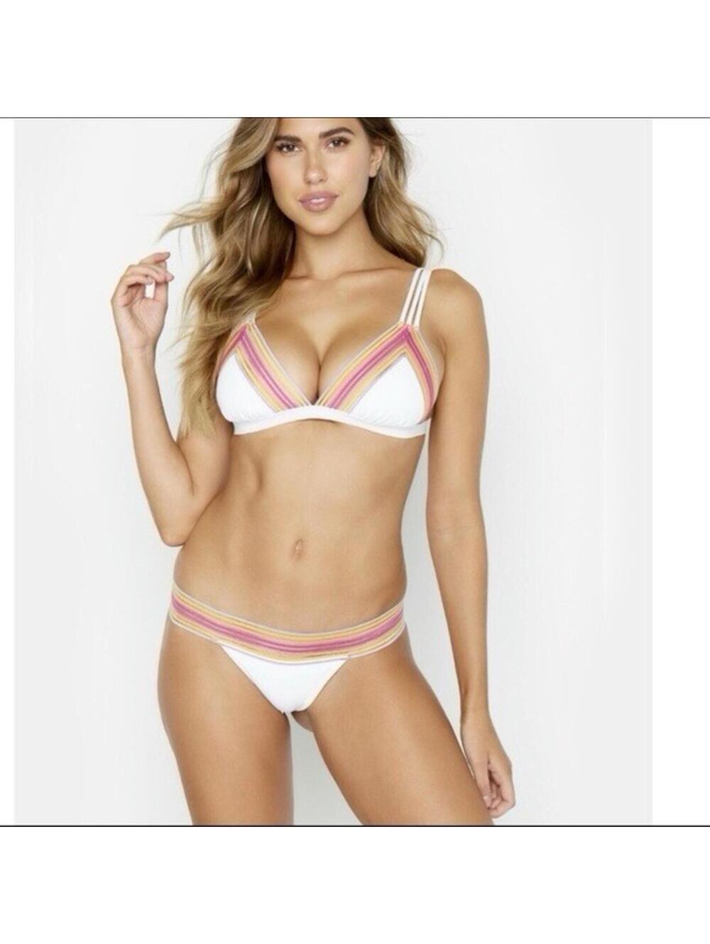 Beach Bunny Bikini Hard Summer White Multicolor Skimpy Top XL Bottom M EUC Beach